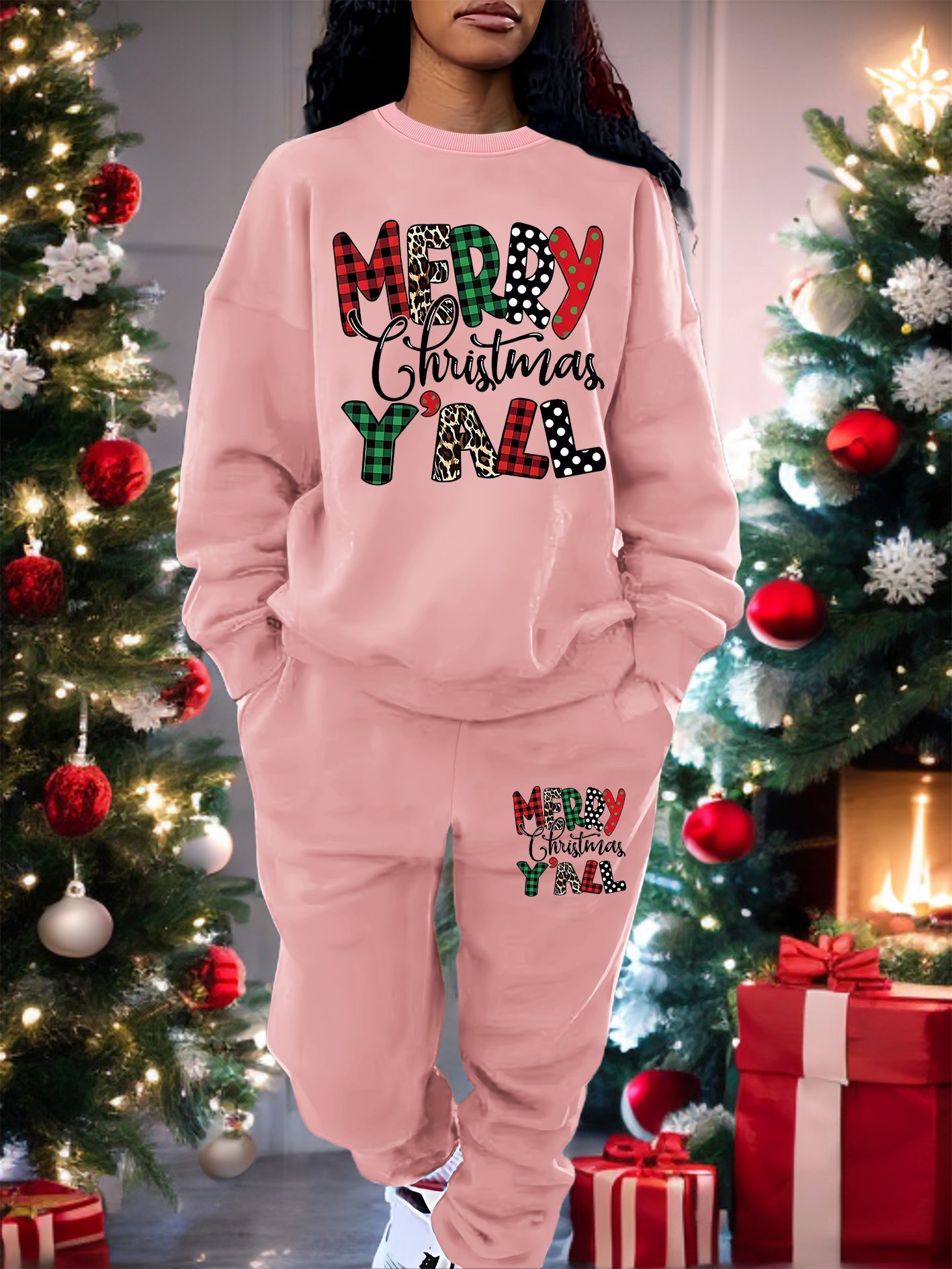 Two Piece Set Merry Christmas Print Crew Neck Sweatshirt & Pants, Women's Clothing