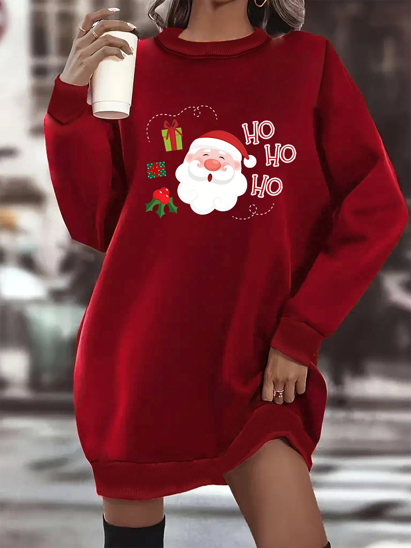 Snug Appeal, Women's Plus Size Casual Sweatshirt Dress - Santa Claus & HO HO HO Print, Long Sleeve, Round Neck, Machine Washable - Perfect for Fall/Winter