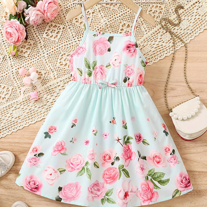 Knee-High Loose Fit Off the Shoulder Floral Print Slingback Dress for Girls - Machine Washable, Non-Stretch Polyester, Strapless, Sleeveless, Casual Style for Spring/Summer/Fall - Perfect for Ramadan and Wedding Occasions