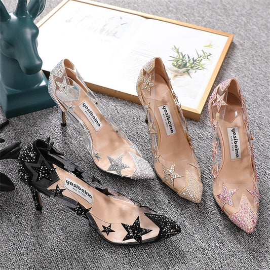 xiangtuibao Transparent high heel women's stiletto pointed wedding shoes rhinestone glass glue, star shoes