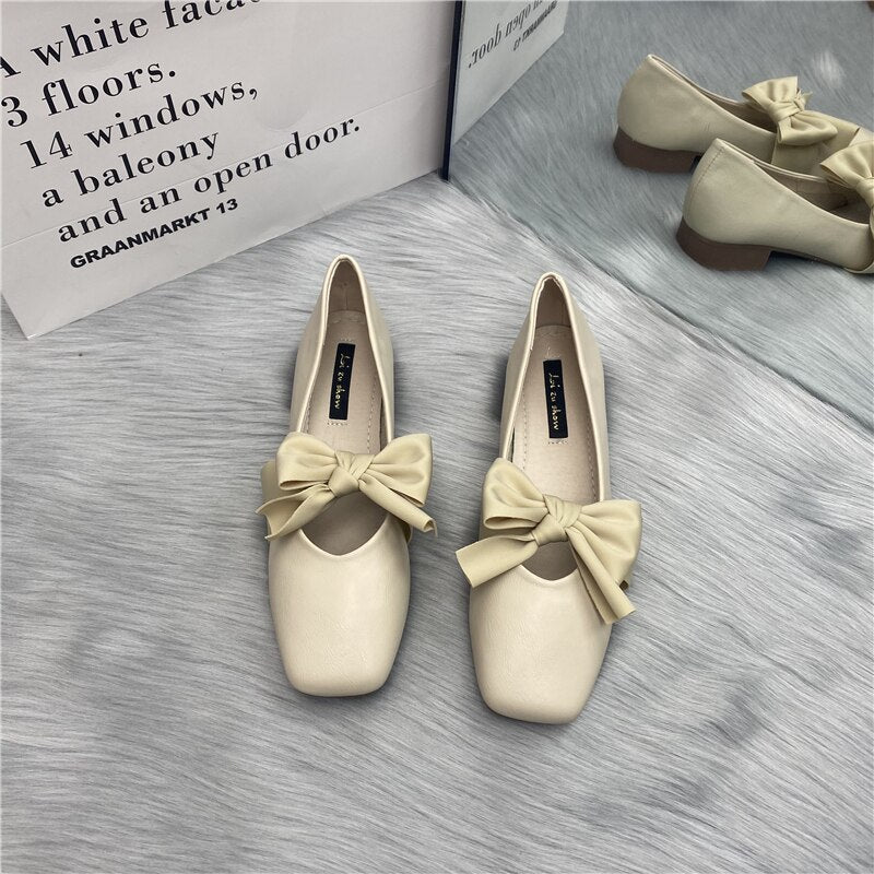 Bailamos Women Flats Ladies Female Footwear Bow-Knot Fashion Women's Casual Sneaker All-Match Square Toe Shallow Mouth Shoes