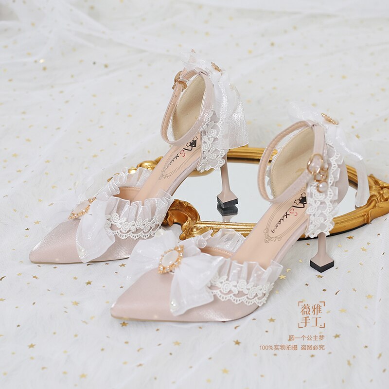 Vintage French Style Sweet Girls' Adult Ceremony High Heels Elegant Embroidered Lolita Hand Made Pointed Toe Wedding Loli Shoes