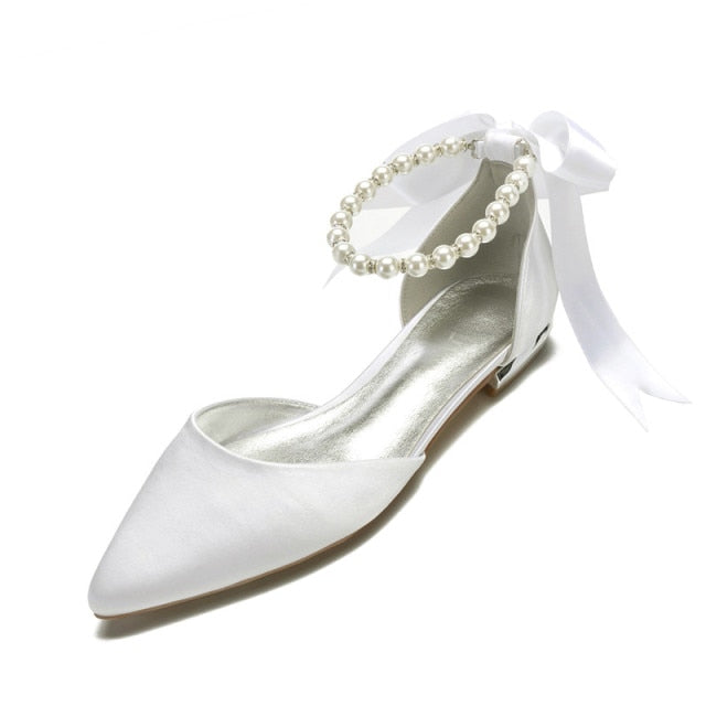 Comfort Flat Satin Women Shoes Pointed Toe Ankle Strap Pearls Ribbon Formal Prom Evening Wedding Party Dress Flats