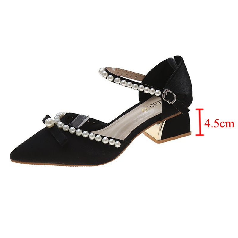 xiangtuibao   Summer Pearl Pumps Women Pointed Toe Ankle Strap High Heels Shoes Woman Med Heel Elegant Bowknot Dress Shoes Ladies