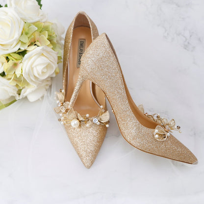 xiangtuibao Golden Bride Pumps Sequined Wedding Shoes Dress Bridal Annual Meeting Banquet Genuine Leather Date Party 9cm High Heels