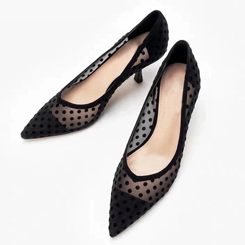 Spring Thin Heels Pumps Shoes Women Pointed Toe High Heel Work Shoes Polka Dot Mesh Vintage Elegant Shallow Pumps For Party