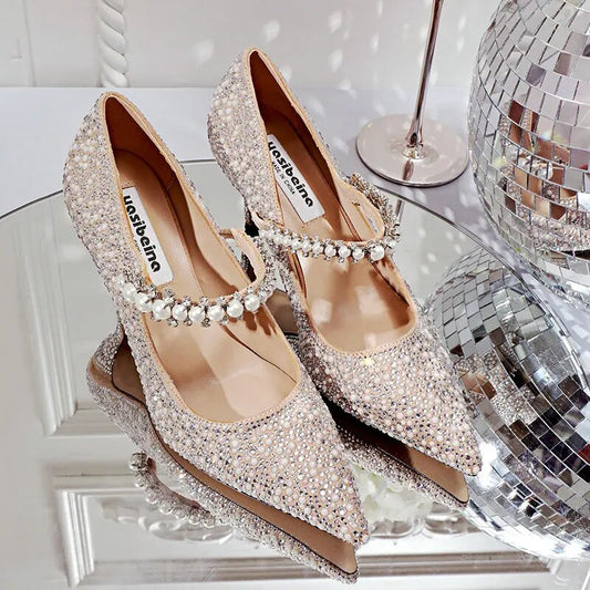 xiangtuibao Hot Rhinestone Pointed High Heels New Single Shoes Women's Pumps Bridesmaid Rhinestone Crystal Pearl Retro Wedding Shoes