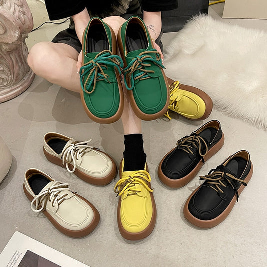 Green Yellow Oxford Shoes Women Flats  Summer Design Casual Platform Loafers Derby Shoes Women Lace Up Leather Oxfords