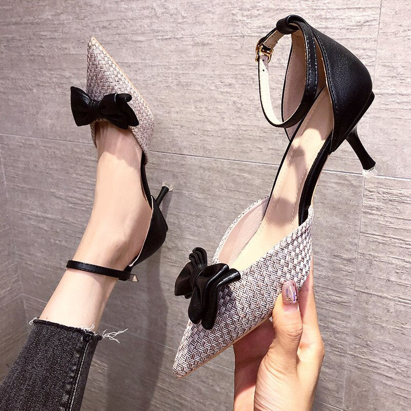 Pointed Toe Shallow Mouth Thin Heeled Bowknot Single Shoes Women Hollow  Autumn and Winter Autumn New Fashion High Heels