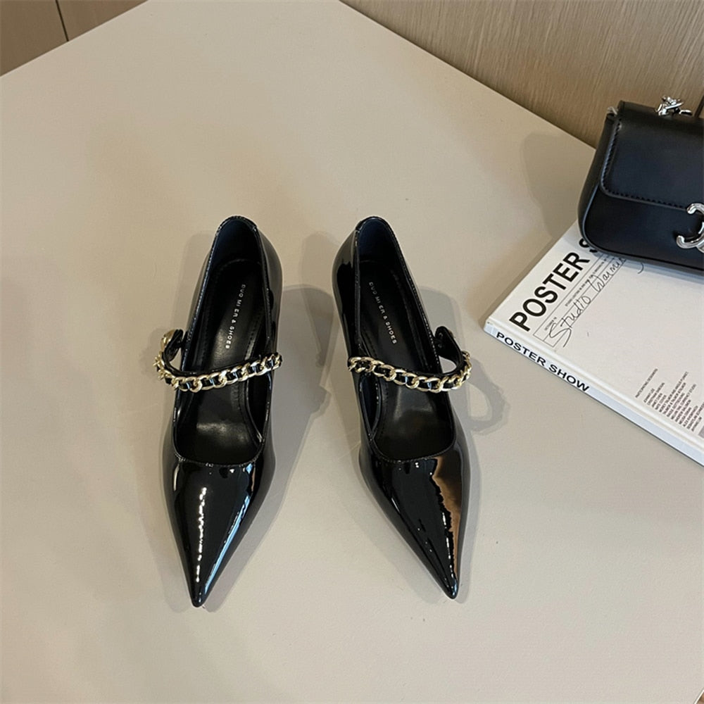 xiangtuibao Patent Leather Women Pumps Pointed Toe Shallow Slip On Black WHite Beige Silver Rhinestone Chain Thin High Heels Dress Shoes 39