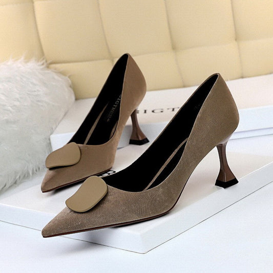 Korean Style Fashion Retro High Heel Cat Heel Suede Shallow Mouth Pointed Toe Sexy Slimming Solid Color Buckle Decorative Shoes