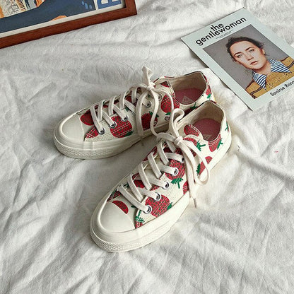 xiangtuibao  Strawberry Print Women Canvas Shoes Flats Women Vulcanized Shoes Lace-Up Female Casual Shoes Ladies Canvas Sneakers