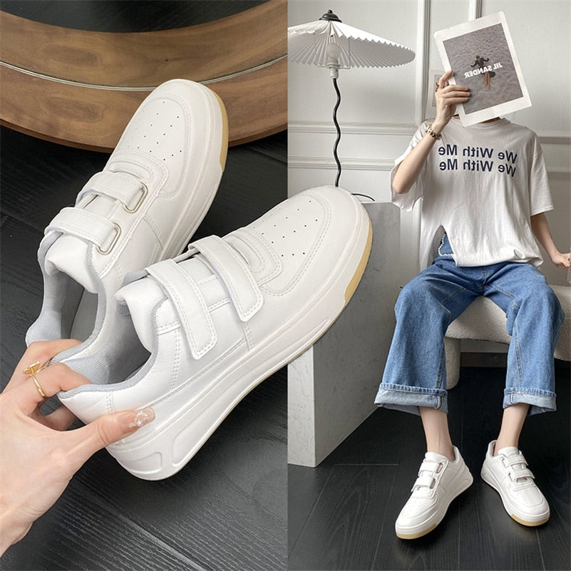 New Chunky Sneakers Women Shoes Flat Platform Shoes Solid Leather Hook & Loop Women's Sports Shoes Woman Sneakers Plus Size