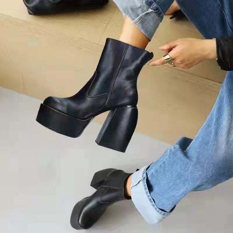 Fashion Platform Women Over The Knee Boots Sexy Feamle Square Toe Pu Thick Bottom Shoes Ladies Block High Heels Zipper Long Boot