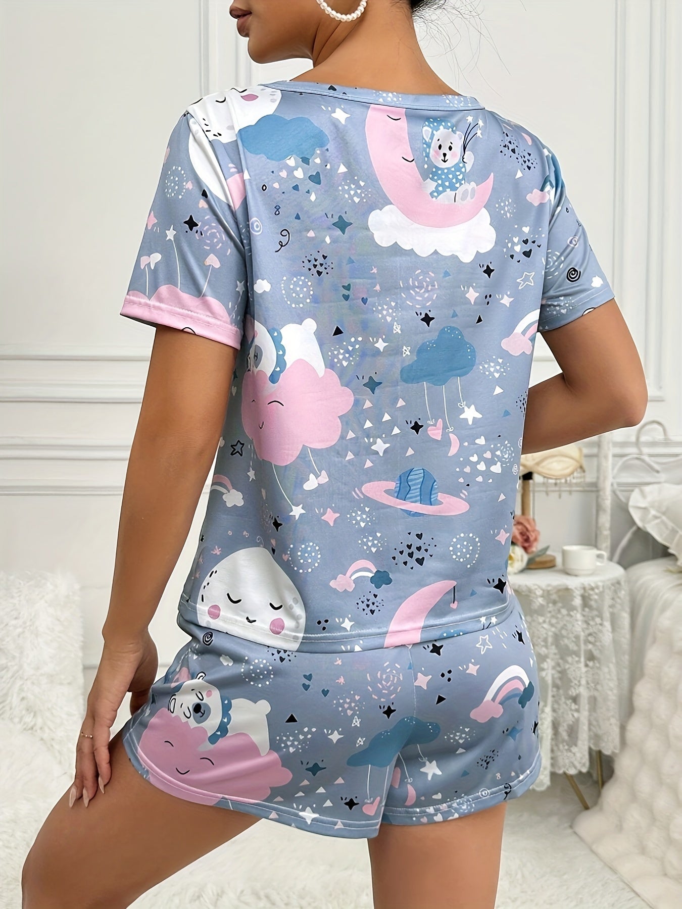 Womens Galaxy Cartoon Print Relaxed Fit Short Sleeve Pajama Set - Comfortable High Elasticity Polyester Crew Neck Top & Bow Shorts for All-Season Lounging - Random Pattern, Pullover Style, No Sheer, Knit Fabric