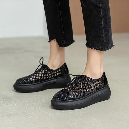 New Genuine Leather Sponge Cake Women Shoes Spring/summer Hollow Breathable Flat Platform Shoes Woven Hole Handmade Shoes Woman