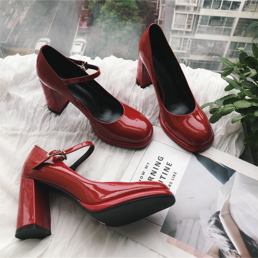 xiangtuibao Autumn New Brand Designer Shallow Mouth Single Shoes Cow Patent Leather Leather Thick High Heel Women Pumps Round Head One