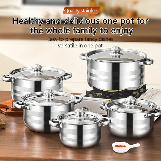 10pcs set of stainless steel pots, specifications are 6.69/7.68/8.54/9.33/10.04inch, stainless steel cooking pot, 5 pots + 5 pot lids, suitable for induction cookers and gas stoves, stainless steel double handle with lid, deep soup pot, suitable for soup,