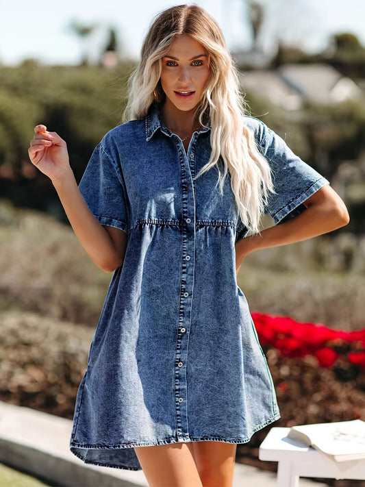 Casual Cute Plain Washed Blue Short Sleeve Lapel Loose Fit Denim Shirt Dress, Women's Denim Jeans & Clothing