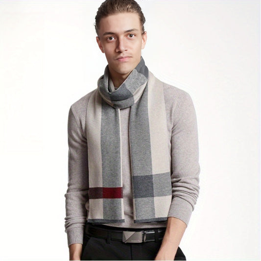 Men's Plaid Print Business Faux Cashmere Thermal Scarf Casual, Versatile, Elongated, Simple Scarf