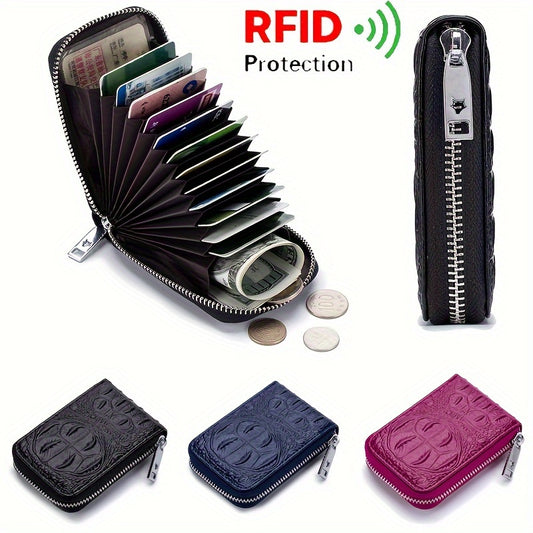 RFID Blocking Mens Card Wallet - Secure Zipper Around Design, Coin Purse & 12 Card Slots, Compact Clutch Money Purse for Everyday Use