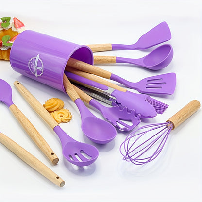 11/12pcs Deluxe Kitchenware Set - Wooden Handle, Non-Stick Silicone Cooking Pots, Spoons, Shovels, and Storage Bucket - Complete Cooking Essentials for Home and Restaurant Chefs