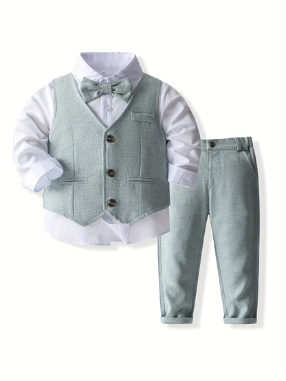 Stylish Gentleman Suit Set - V-Neck Vest, Long Sleeve Shirt, Long Pants, Bow Tie - Solid Color Polyester Blend Outfit for Boys' Formal All-Season Celebrations, Parties, and Special Occasions