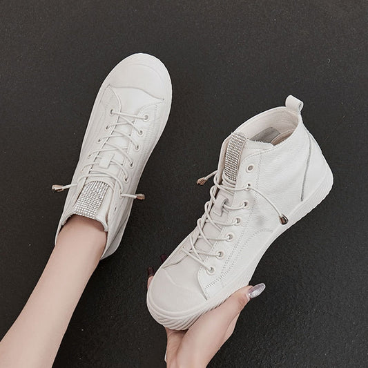 Genuine Leather High Top Platform Sneakers Women Girls Cowhide Sneakers Loafers White Flat Slip on Vulcanized Rubber Sole Shoes
