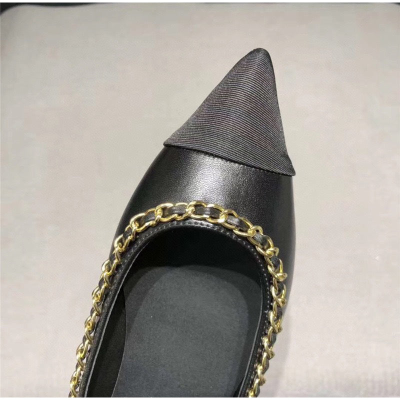 Women Fashion Flats Shoes Genuine Leather Pointed Toe Mixed Color Females Single Shoes Shallow Metal Chain Classic luxury brand