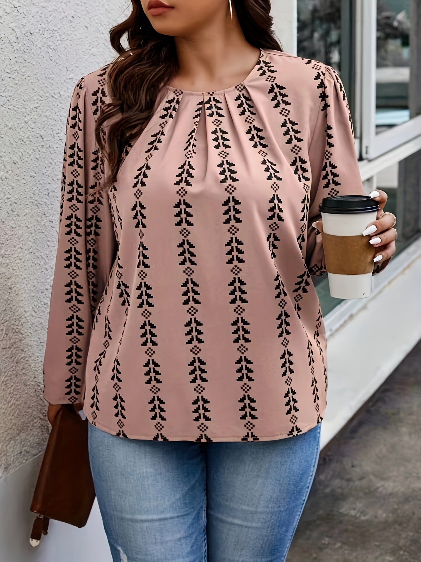 Chic Plus Size Geometric Blouse - Fashionable Crew Neck with Flowy Long Sleeves - Perfect for Spring Wardrobe - Trendy Womens Plus Size Clothing