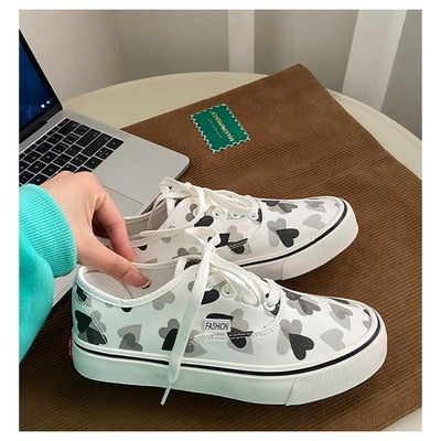 Hight-top Canvas Shoes Chic Women's  New Style White Shoes Spring Korean-style Girls Heart Sneakers 35-40 High Low Lace Up