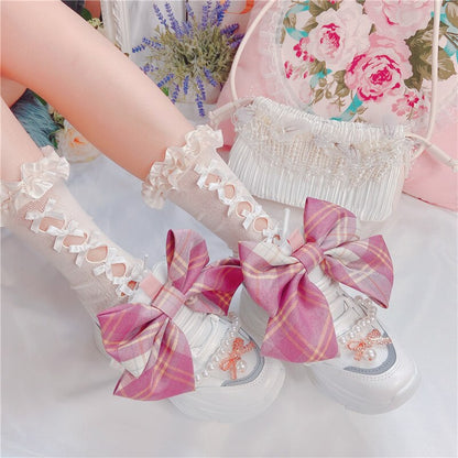 Lolita Plaid Bowknot Sweet Girly Style Thick-soled Casual Sports Shoes Breathable Flat Platform Shoes kawaii shoes loli cosplay