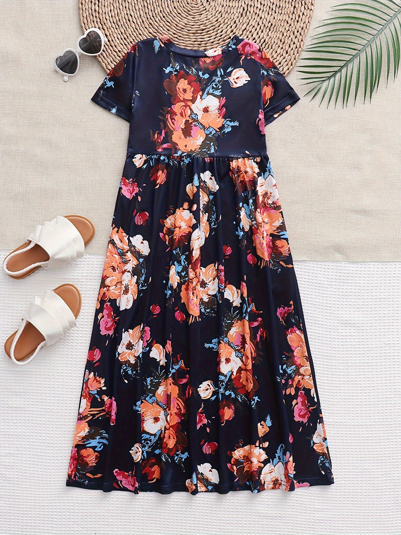 Girls Bohemian Chic Maxi Dress - Breezy Short Sleeves, Vibrant Floral Pattern, Flowy Relaxed Fit, Practical Side Pockets - Designed for the Young and Free-Spirited, Ideal for Summer Getaways, Beach Trips, and Outdoor Adventures