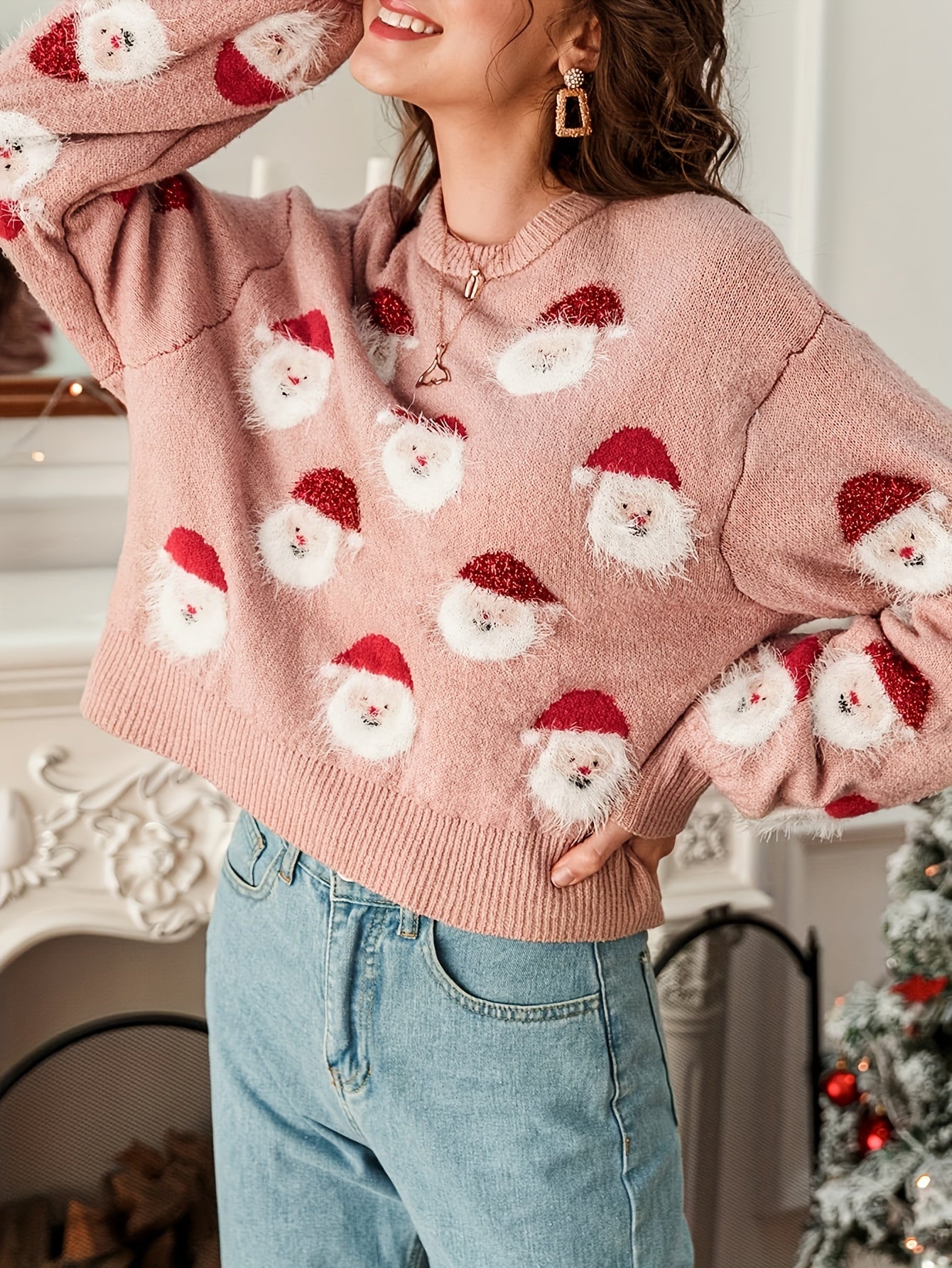 Elegant Christmas-Themed Knit Sweater for Women - Cozy Polyester & Nylon Blend, Machine Washable, Round Neck, Perfect for Fall/Winter