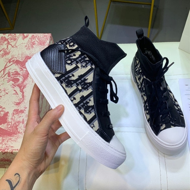 xiangtuibao   Autumn Winter New Designer Flat Bottom Women Shoes Letter Pattern Sneakers Shoes Knitted Stretch Correct Vulcanized Shoes