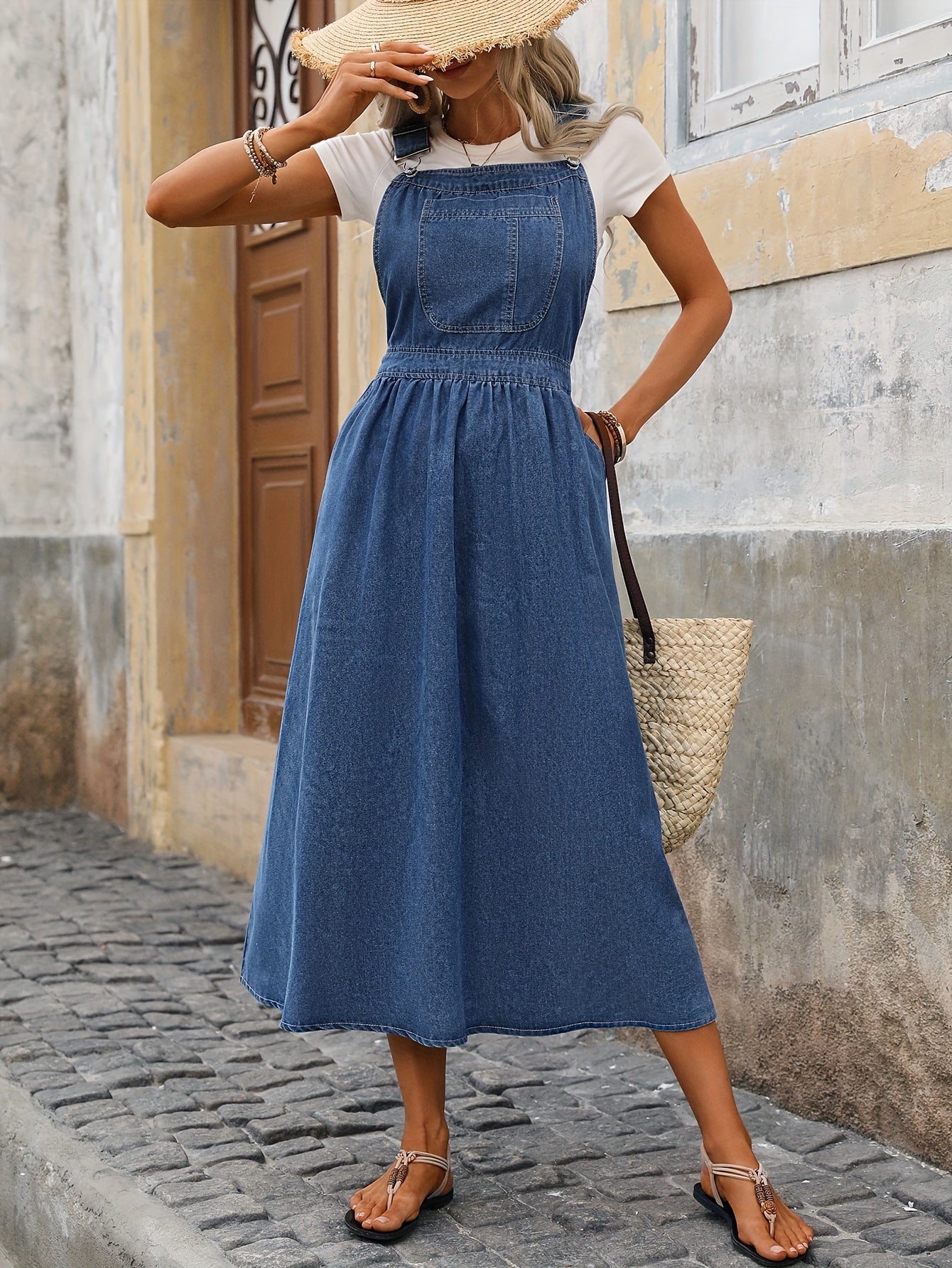 Chic Denim Overall Dress for Women - Long & Elegant Pinafore with Handy Pockets - Casual Mid-Calf Summer Sundress for Stylish Outings and Everyday Wear