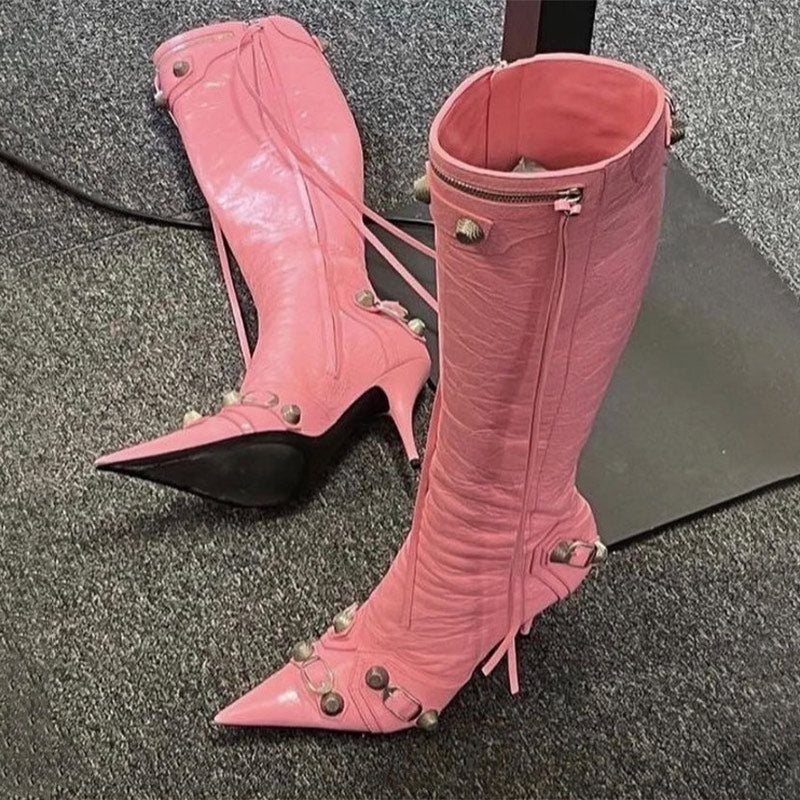 New Women Knee High Boots Female Microfiber Pointed Toe High Heels Shoes Ladies Fashion Side Zipper Rivet Riband Plus Size Boot