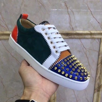 xiangtuibao  Genuine Leather Flat Women Sneakers Rivet Colorful Fashion Flat Casual Shoes Men Sneakers Lace-up Spikes Real Leather Classics