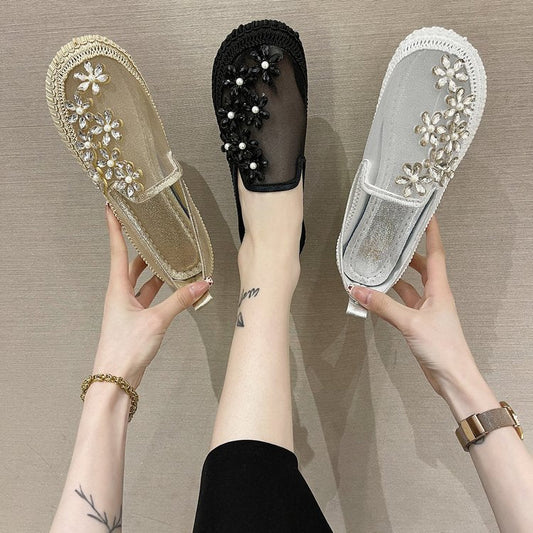 Women Flat Single Shoes Breathable Mesh Slip on Spring Summer Ladies Casual Rhinestone Flowers Fisherman Shoes Zapatillas Mujer