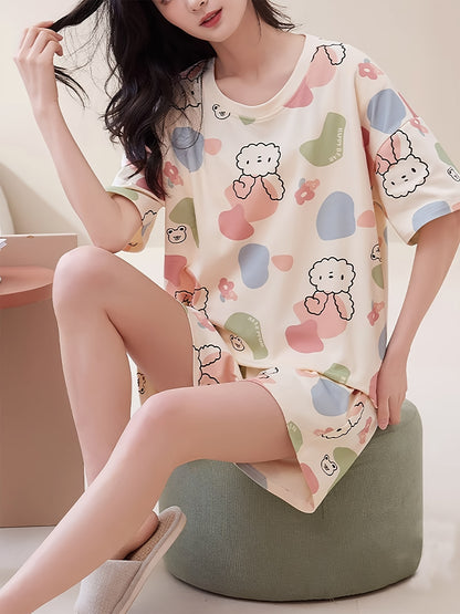 Lightweight & Stylish Womens Rabbit Print Pajama Set - Short Sleeve, Round Neck Tee & Pocket Shorts, Color Block Sleepwear for Casual Nights