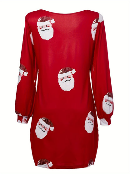 Santa Claus Print V Neck Dress, Elegant Long Sleeve Dress For Spring & Fall, Women's Clothing