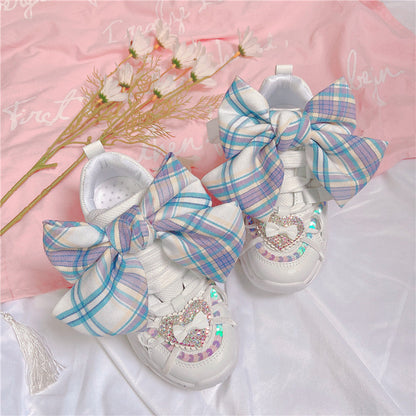 Lolita Plaid Bowknot Sweet Girly Style Thick-soled Casual Sports Shoes Breathable Flat Platform Shoes kawaii shoes loli cosplay