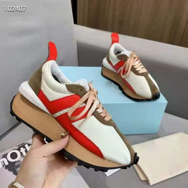 Spring Thick Sole Casual Daddy Shoes Women Flat Mixed Color Lace Up Patchwork Sneakers Outdoor Walk Tennis Shoes  Unisex