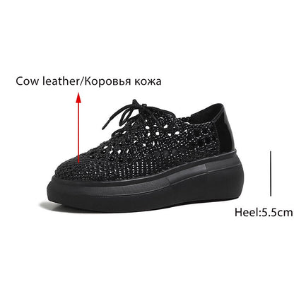 New Genuine Leather Sponge Cake Women Shoes Spring/summer Hollow Breathable Flat Platform Shoes Woven Hole Handmade Shoes Woman