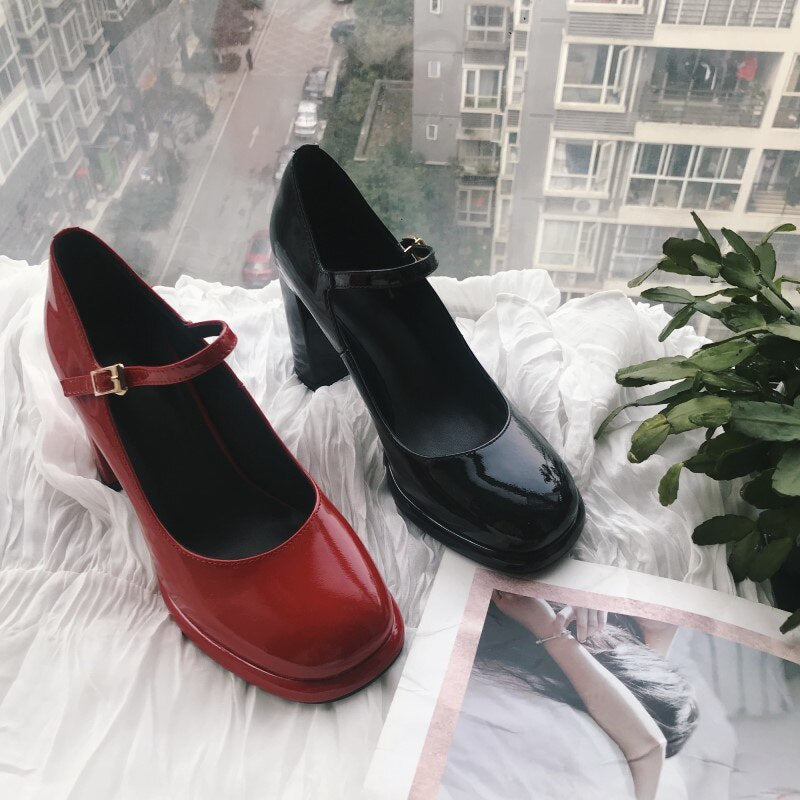 xiangtuibao Autumn New Brand Designer Shallow Mouth Single Shoes Cow Patent Leather Leather Thick High Heel Women Pumps Round Head One