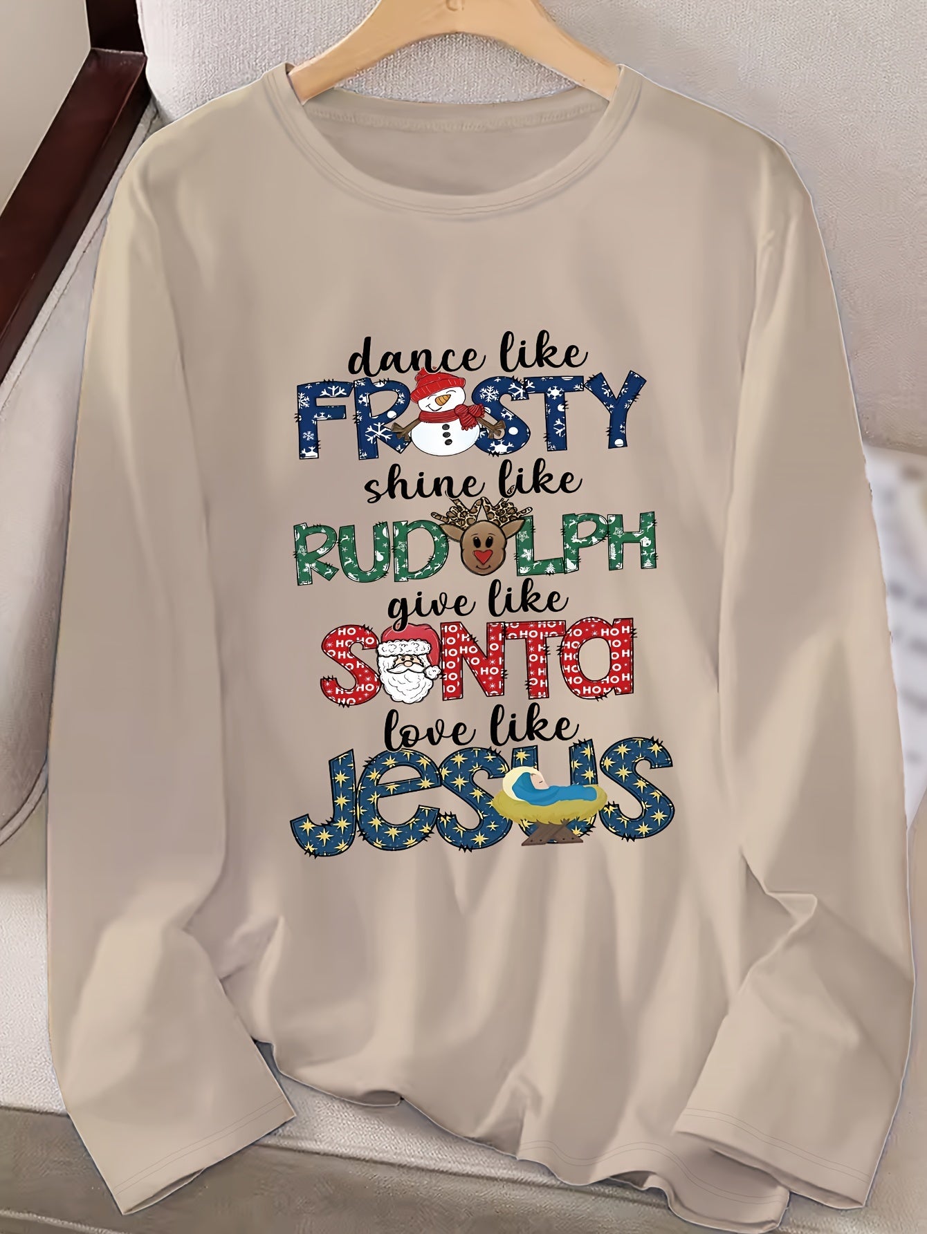 1pc Women's Christmas Print Long Sleeve T-Shirt, Casual Round Neck Polyester Top with Regular Fit and Straight Sleeves, Festive Holiday Tee with Embroidery Detail