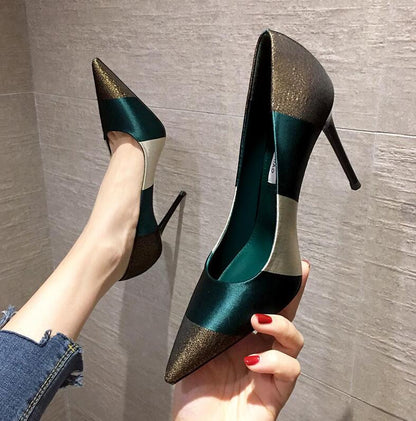 Spring Fashion Sexy High Heels,Women Pumps,Pointed toe,Office Lady Working Shoes,French Style,Female Footware,Black,GREEN