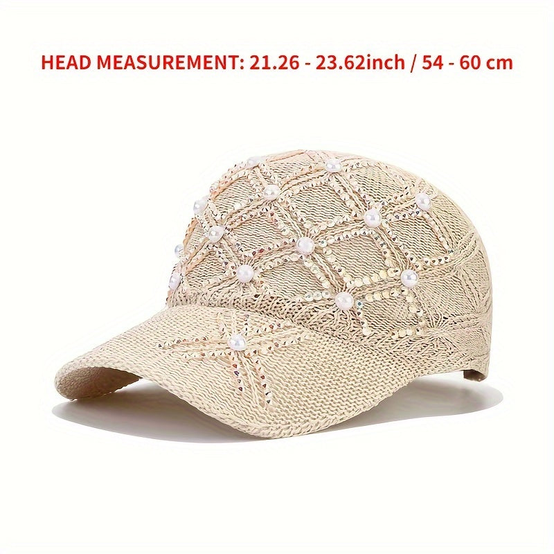 Stylish Women's Summer Sunshade Baseball Cap - Handmade Rhinestones, Knitted Checkered Design, Mesh Breathable, Versatile, Fashionable, and Protective - Perfect for Outdoor Activities