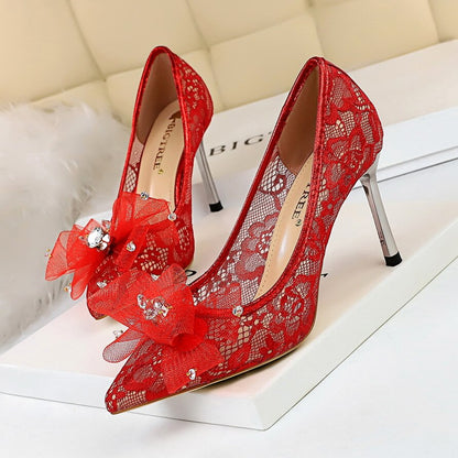 Korean version of women's shoes metal heel high heel shallow mouth mesh hollow lace water drill bow single shoes