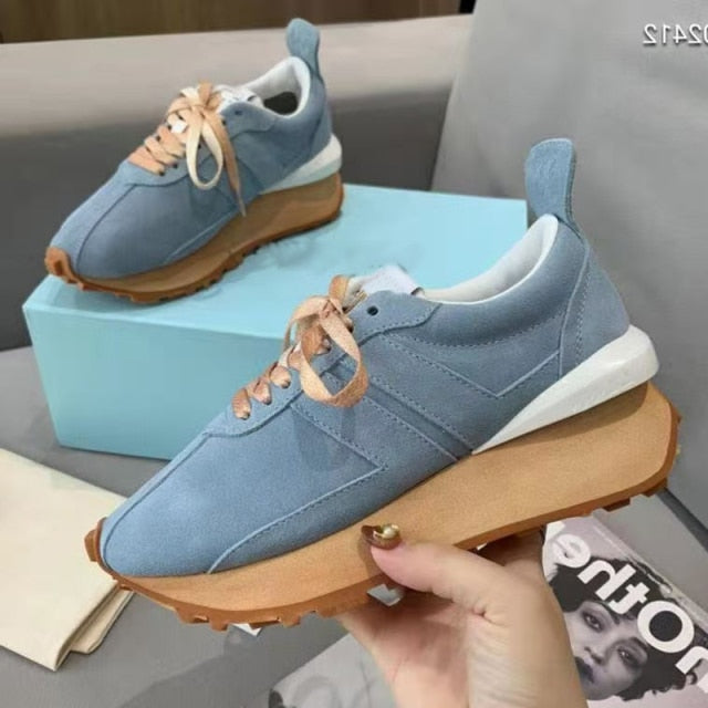 Spring Thick Sole Casual Daddy Shoes Women Flat Mixed Color Lace Up Patchwork Sneakers Outdoor Walk Tennis Shoes  Unisex